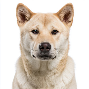 korean jindo puppy front facing portrait, foxlike korean jindo dog looking at camera, centered jindo puppy with gentle expression
