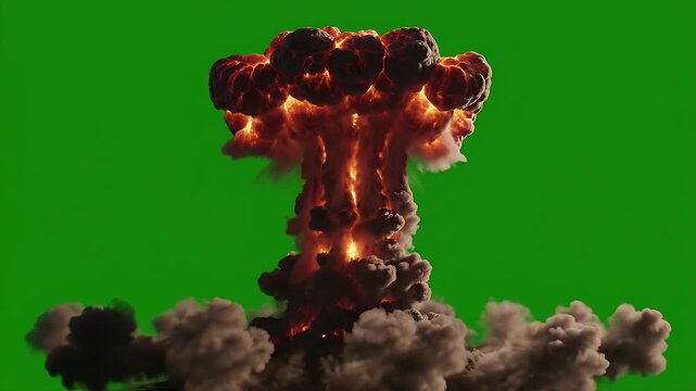 A powerful nuclear mushroom cloud explosion erupts on a green screen background.