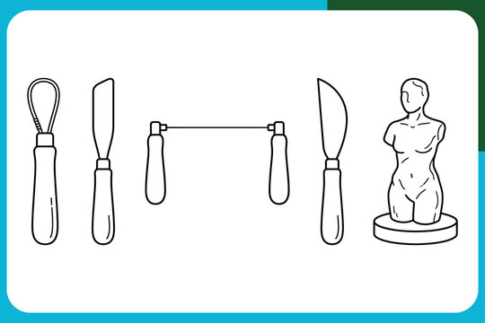 Line drawing of sculpting tools and statue on pedestal  artistic creation