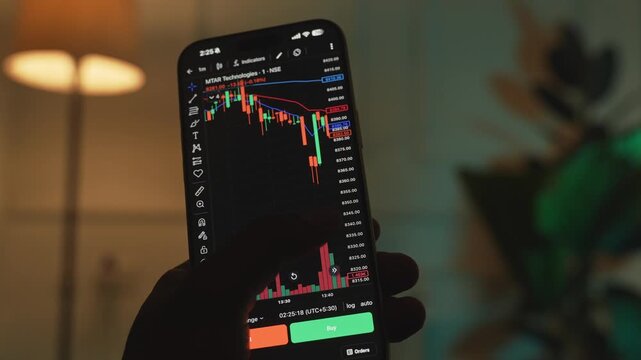 Trader Analyzing Stock Market Charts on Smartphone Through Brokerage App