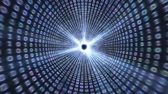 A digital vortex of binary code flows into a central light source.