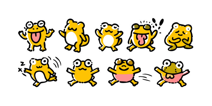 Set of cute hand drawn frog doodle characters, vector