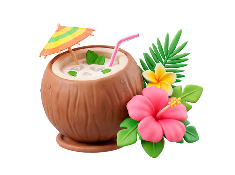 Refreshing Coconut Drink with Tropical Flowers and Umbrella