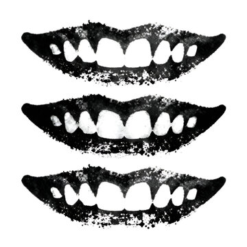Grunge ink splatter smile and open mouth lips icons set, isolated abstract black distressed punk teeth mark on transparent background