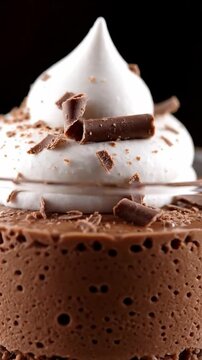 Macro Shot Of Elegant Chocolate Mousse Cup With Whipped Cream Peak Chocolate Shavings And Visible Airy Bubbles In Studio Lighting Smooth Dessert Commercial