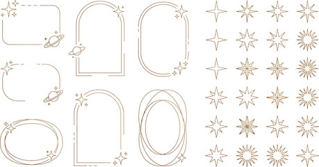 Set of celestial frames and star icons, minimalist golden line art, cosmic elements for wedding invitations, social media posts, and branding © SampaRani