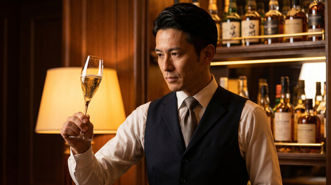 Professional sommelier holding a glass of sparkling wine in a luxury bar. Selection and tasting of premium alcohol drinks. Premium commercial lifestyle stock photography.