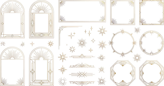 Art deco gold frames and borders collection, geometric linear style, celestial elements, sunbursts, stars, and decorative dividers isolated on white background
