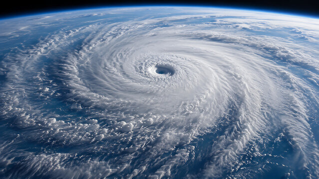 Massive hurricane eye viewed from space above ocean with swirling white clouds realistic atmosphere and earth curvature for climate science visualization weather research background scene