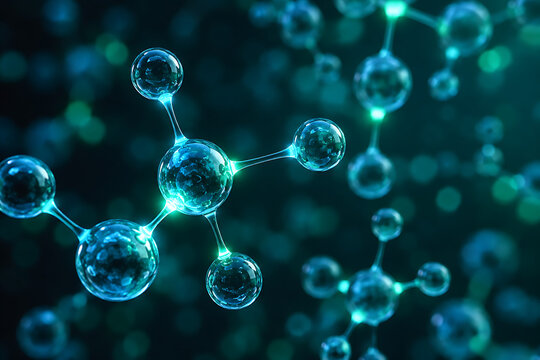 Glowing molecular structure with transparent blue spheres and connected bonds on dark teal background for biotechnology chemistry research science visualization concept abstract medical 