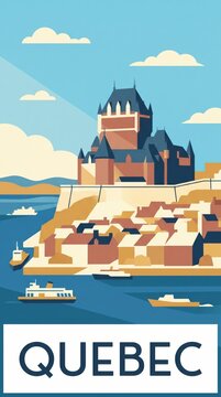 Retro travel poster of Quebec City, Canada, featuring majestic Ch&acirc;teau Frontenac castle on rocky cliff above old town rooftops and boats on wide Saint Lawrence River. Historic fortress city concept