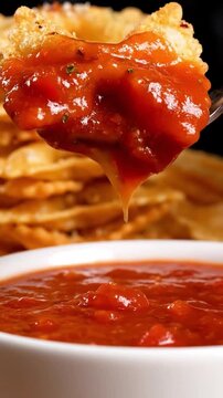Detailed Close Up Of Golden Crispy Air Fryer Pasta Chips Shaped Like Bowties Dipping Into Marinara Sauce With Seasoning Dust In Bright Snack Lighting Viral Food Commercial