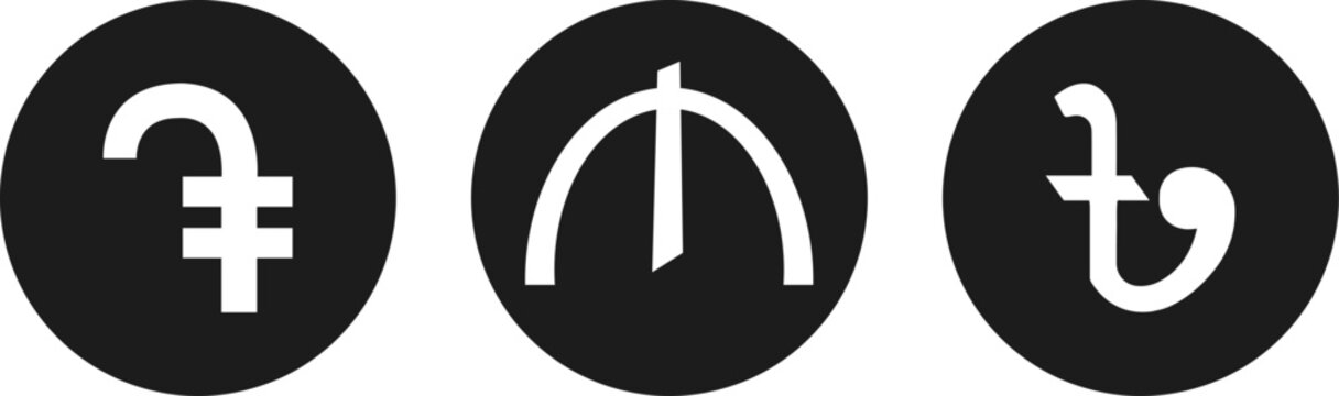 Armenian Dram. Manat symbol.Bangladeshi taka.Foreign exchange currency sign. Money coin icons. Vector
