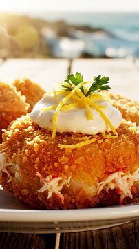 Cinematic View Of Golden Fried Crab Cakes With Tartar Sauce Dollop On Top Lemon Zest And Crispy Edge In Coastal Lighting Premium Seafood Appetizer Commercial