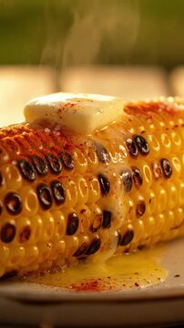 Macro Shot Of Grilled Corn On The Cob With Melting Butter Dripping Down Sides Chili Powder Sprinkle And Charred Kernels In Summer Afternoon Light Texture Rich Food Commercial