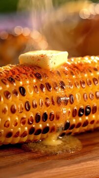 Detailed Close Up Of Grilled Corn On The Cob With Melting Butter Dripping Down Sides Chili Powder Sprinkle And Charred Kernels In Summer Afternoon Light Texture Rich Food Commercial