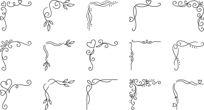 Set of hand drawn corner flourishes and decorative elements for page borders, invitations, and cards, isolated on white background