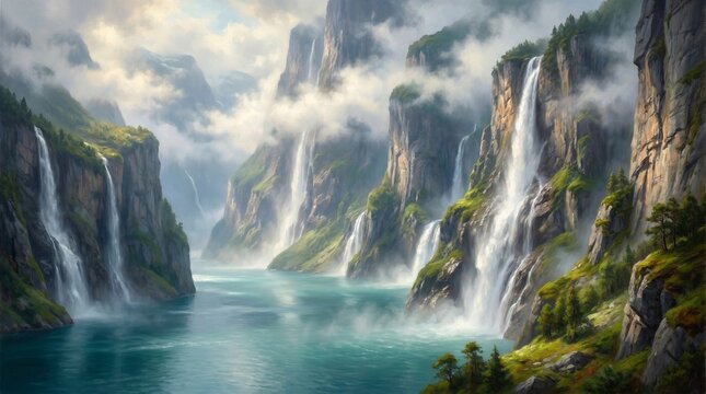 Impressionist Oil Painting of Dramatic Fjord Landscape and Cascading Waterfalls