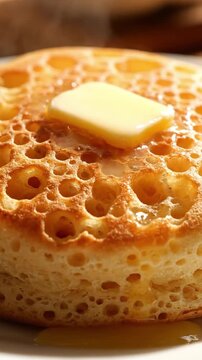 Cinematic View Of Honeycomb Holes In A Crumpet With Butter Pooling Inside And Toasted Surface Ready To Serve