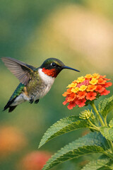 Obraz premium A hummingbird feeding on a bright red flower with its wings spread wide open.