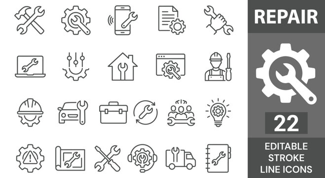 Repair line icon set. Editable Stroke. Maintenance, wrench, fixing, service, tools, repairman, engineer, troubleshoot - stock vector.