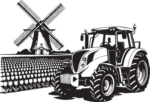 Tractor plowing tulip field with windmill in background isolated on transparent background, Vector, illustration