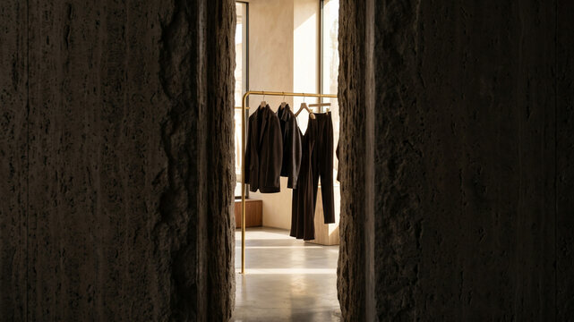 Luxury Apparel Hanging on Sleek Brass Rack Framed by Minimalist Concrete Walls