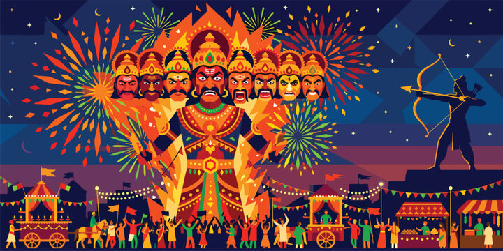 Vibrant Dussehra night scene with towering Ravana effigy, sparkling fireworks, lively fairground crowd and silhouette of Rama aiming bow, dramatic Ramayana festival celebration background illustration