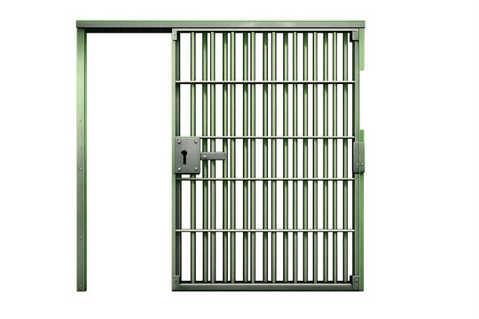 A metallic jail cell door with vertical bars and a key lock mechanism.