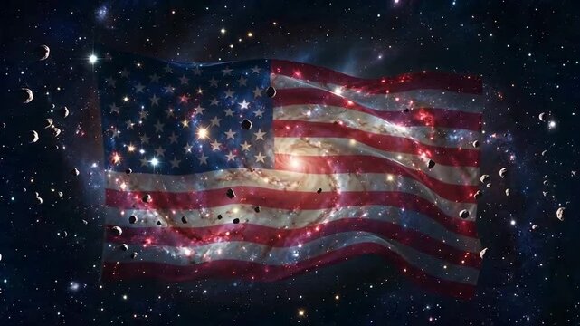 Waving USA flag over deep space galaxy background with floating asteroids