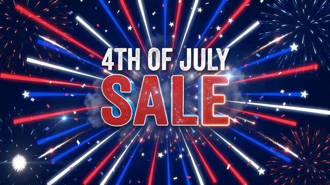 Animated 4th of July Sale title with patriotic fireworks and red, white, blue rays