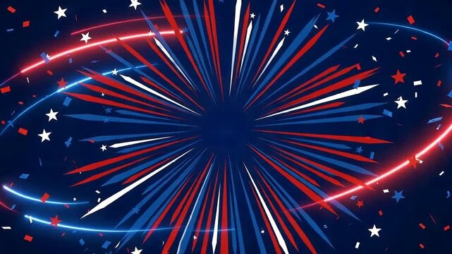 Patriotic red white and blue burst with glowing neon rings and falling confetti for American celebration