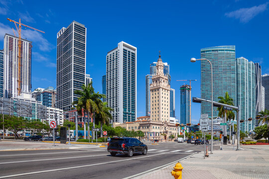 Miami cityscape with blue sky