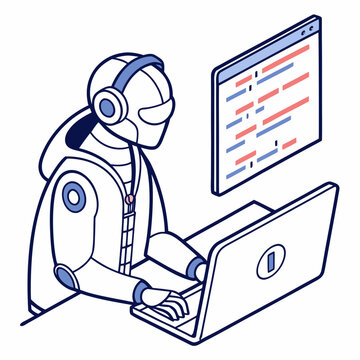 Isometric robot programmer working on laptop code development with headphones
