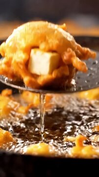 Cinematic View Of Paneer Cheese Cube Dipping In Gram Flour Batter Frying To Golden Crust With Soft Cheese Inside In Warm Indian Snack Lighting Traditional South Asian Food