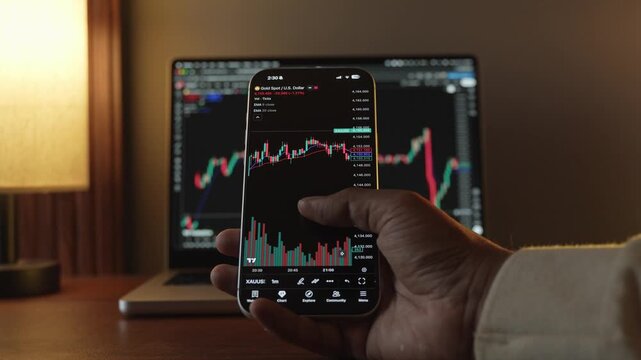 Trader Analyzing Stock Market Charts on Smartphone Through Brokerage App