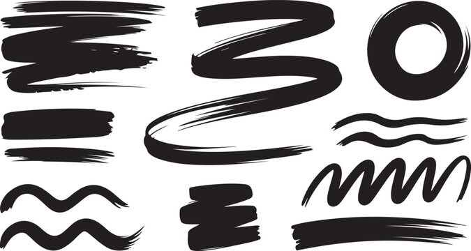 Collection of wavy and zigzag ink lines with bold paint swipes for artistic graphic compositions