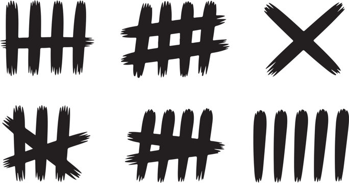 Hand drawn tally marks collection featuring various black ink brush strokes for counting and progress tracking