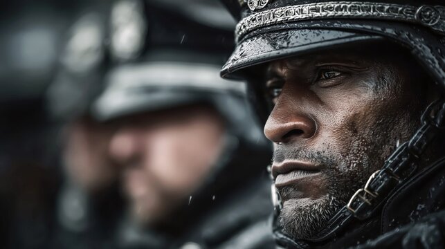 Close-up tactical officer in helmet with intense expression for security training promotion.

