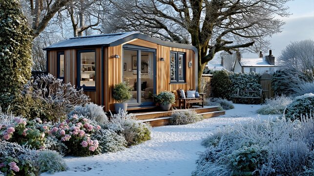 Modern garden office glowing warmly in a snowy backyard for cozy remote work inspiration.

