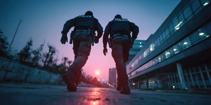 Two tactical police officers advancing at dusk in urban industrial setting.

