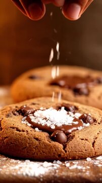 Macro Shot Of Sea Salt Crystals Sprinkling Onto Warm Chocolate Chip Cookie