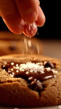 Cinematic View Of Sea Salt Crystals Sprinkling Onto Warm Chocolate Chip Cookie