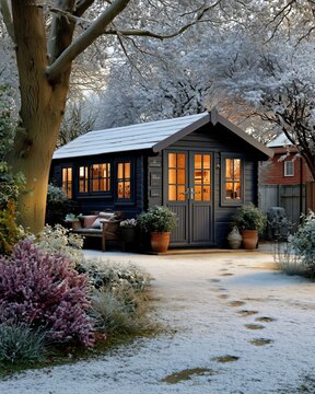 Cozy garden studio glowing warmly in a frosty winter backyard for inviting lifestyle decor.

