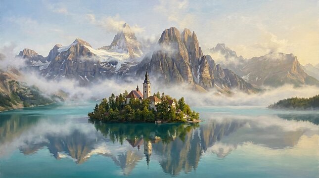 Impressionist Oil Painting of Fairytale Island Church and Misty Mountain Lake
