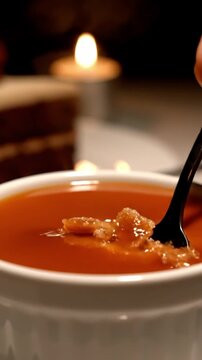 Cinematic View Of Spoon Cracking The Caramelized Sugar Top Of Creme Brulee With Custard Underneath