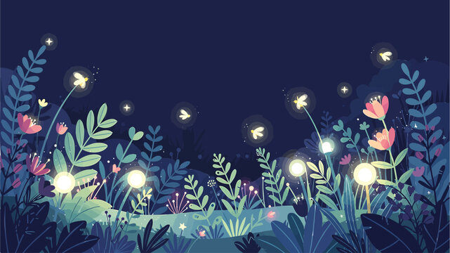 Enchanting Night Garden A Luminous Wonderland of Glowing Fireflies Amidst Fantasy Plants and Magical Blooms Under a Twilight Sky