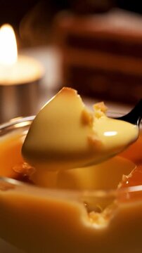 Detailed Close Up Of Spoon Cracking The Caramelized Sugar Top Of Creme Brulee With Custard Underneath