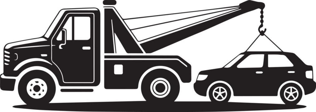 Black silhouette of a tow truck towing a car isolated on transparent background, Vector, illustration