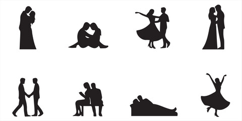 Obraz premium set of romantic couple in various poses silhouettes collection. Couple falling in love different poses isolated on white background silhouette set.